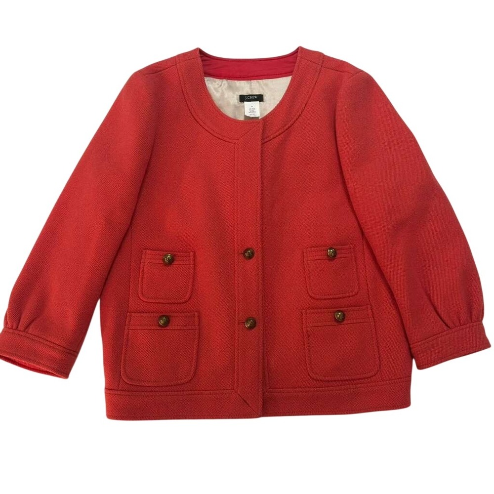 J. Crew Ruby Red Wool Blend Collarless Elegant Bu… - image 1